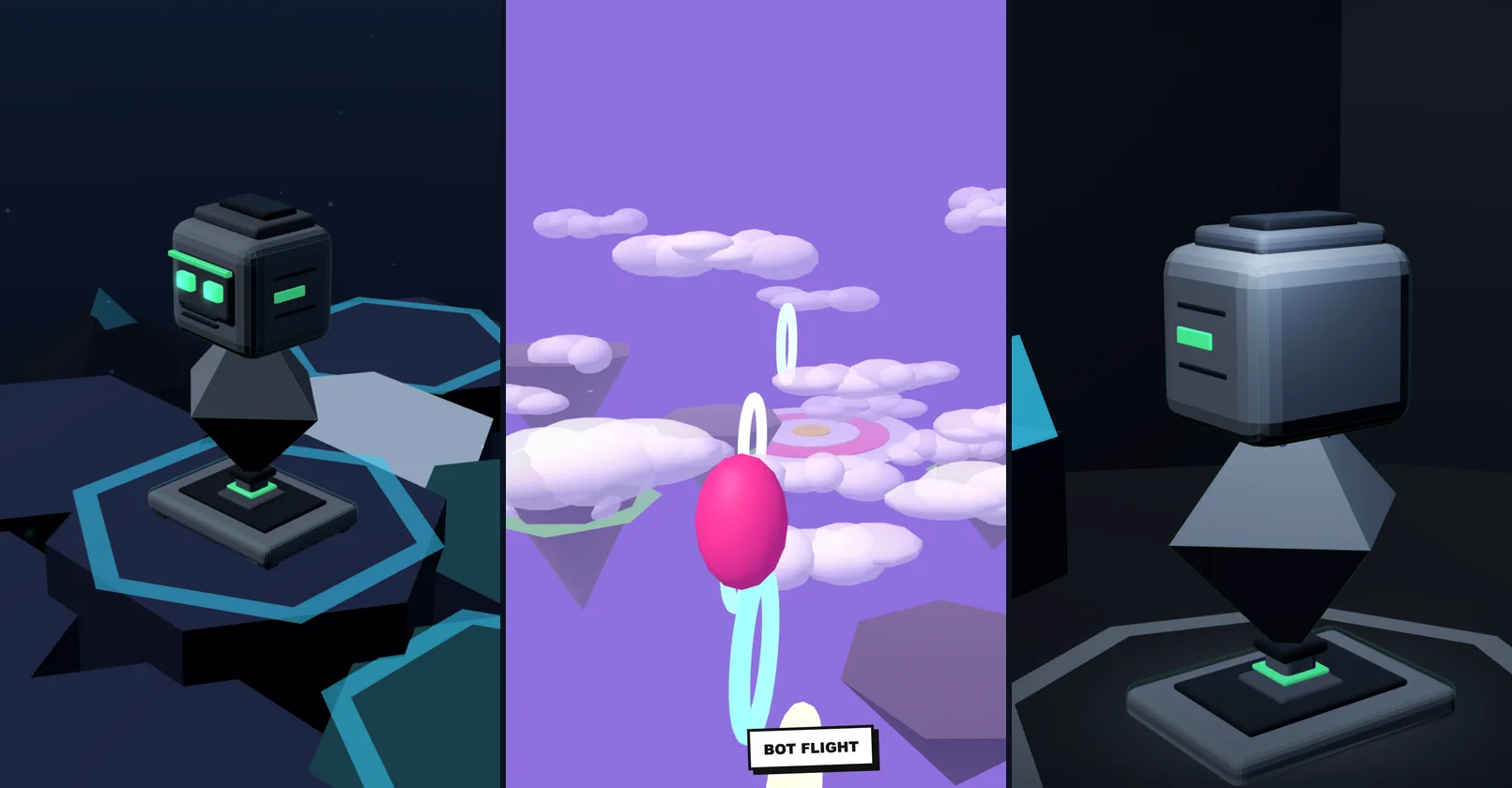 Vibe Party: a robot construct on the glowing hex board, the Cloud Cannon minigame, and the fitting bay